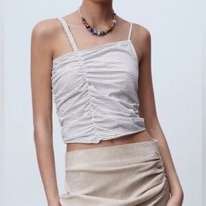 ZARA Black/White Asymmetrical Top Ruched Braided Strap, Size M